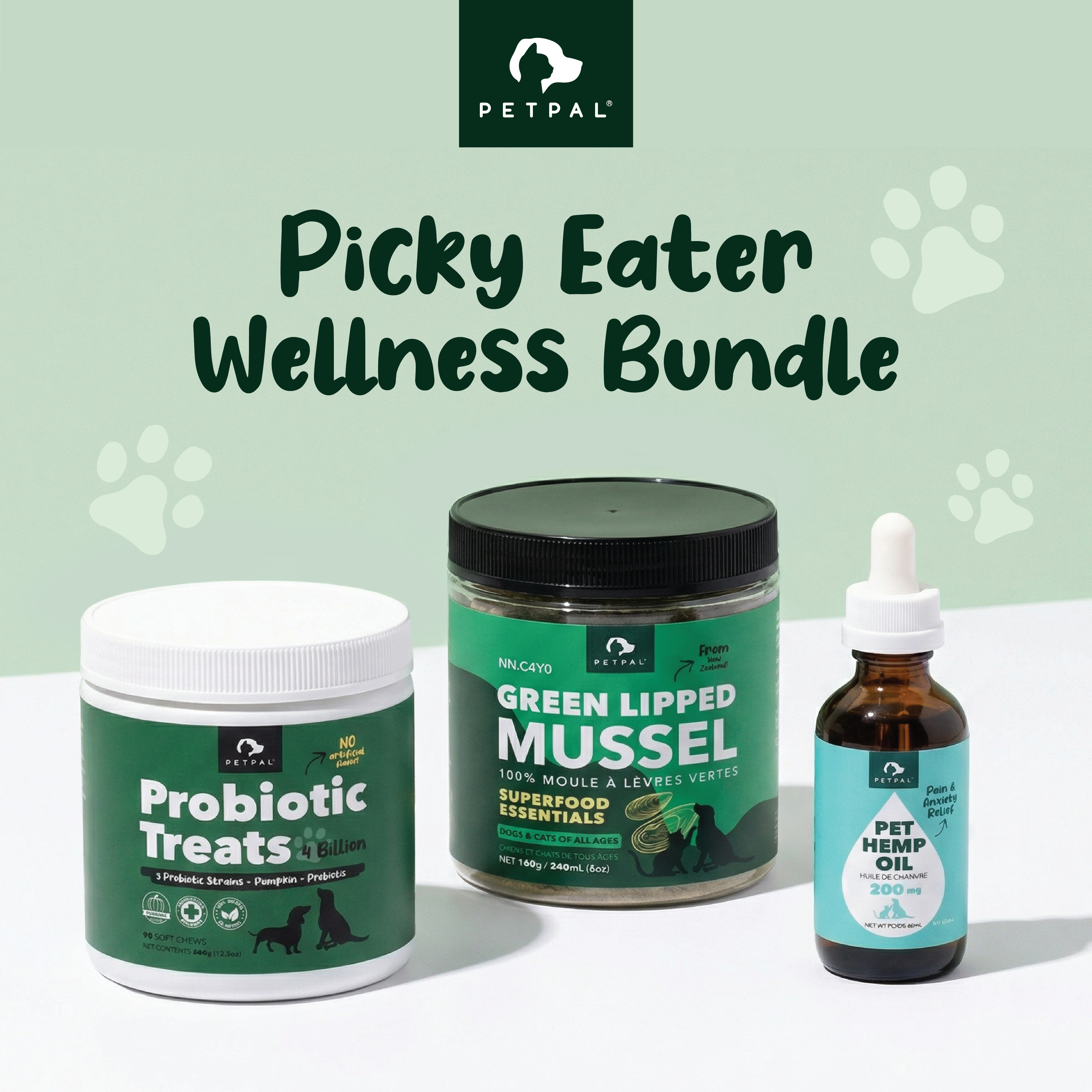 Picky Eater Wellness Bundle | Green Lipped Mussel Powder - Pet Organic Hemp Oil - Probiotic Treats 4 Billion