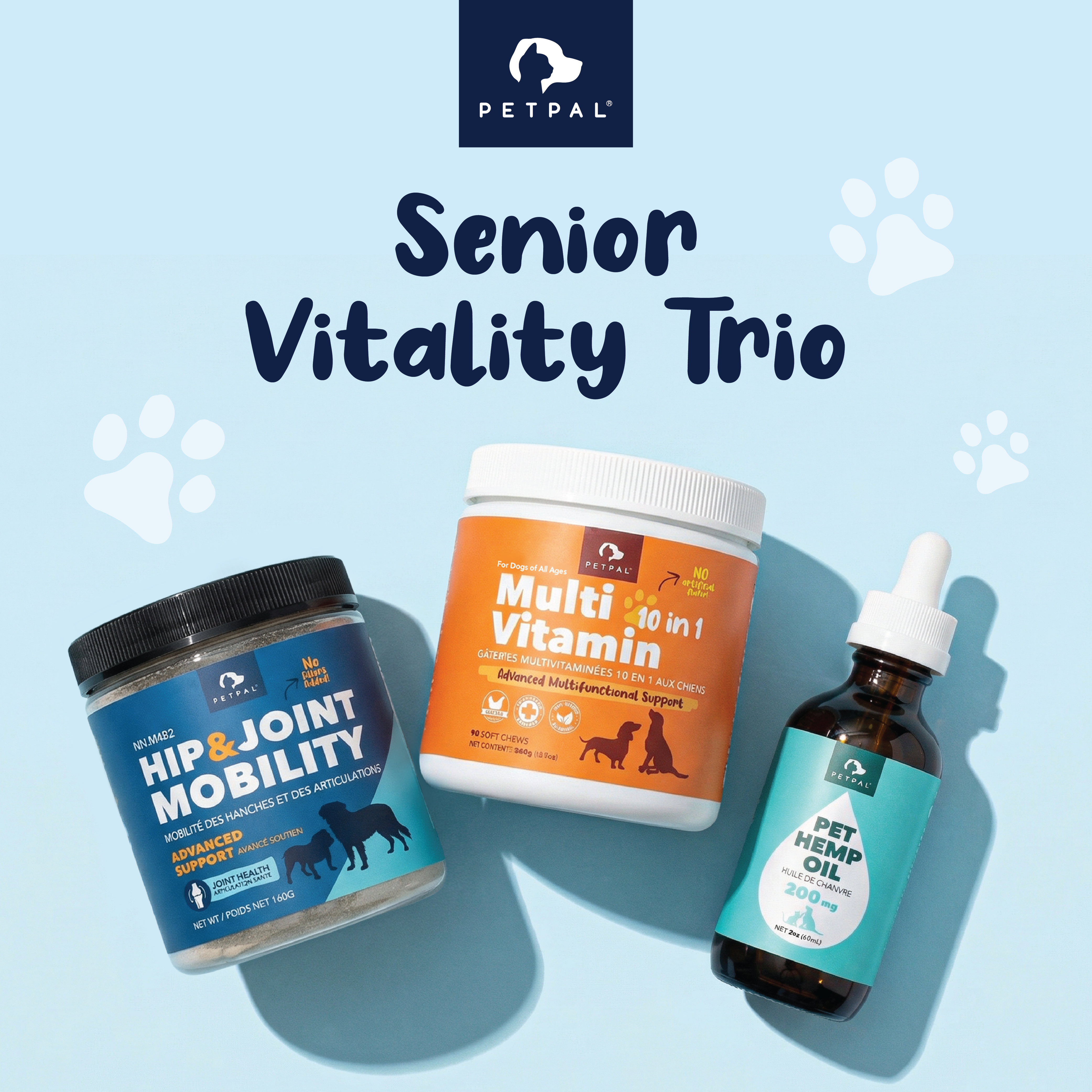 Senior Vitality Trio | Hip & Joint Mobility Powder - Multi Vitamin Soft Chew Treats - Pet Organic Hemp Oil