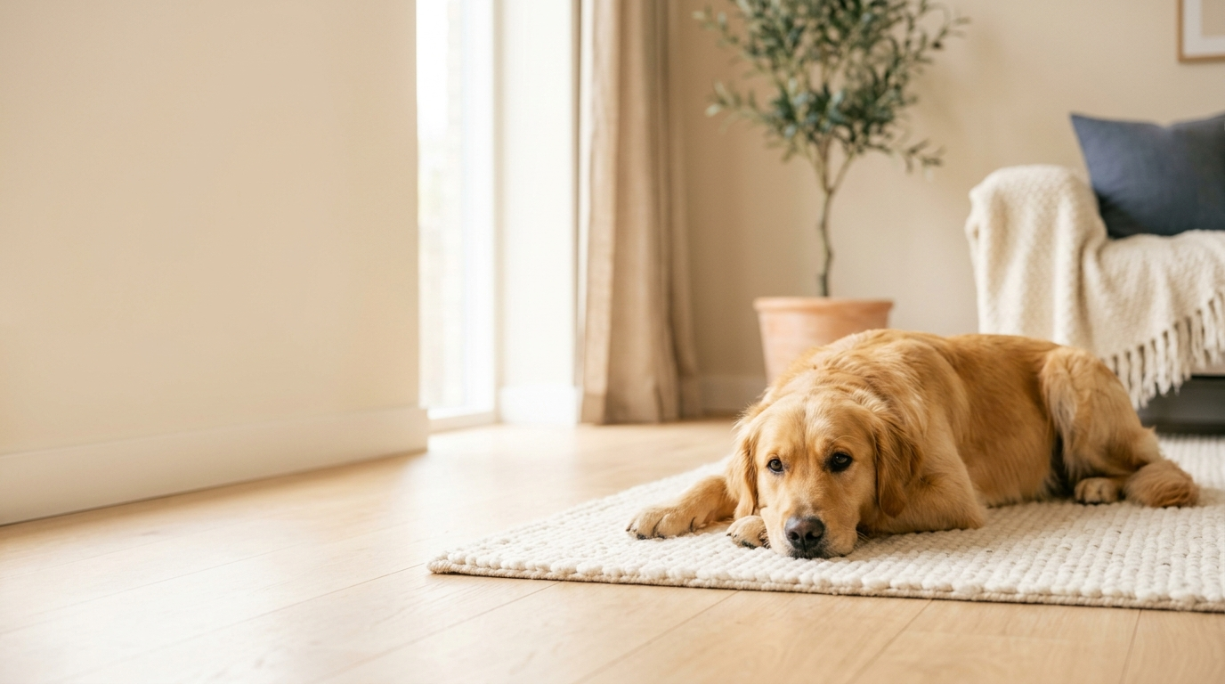 Golden retriever resting calmly in a warm, sunlit home